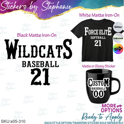 (s05-310) Baseball Softball Team Name Player Number Custom Iron-On Transfer or Sticker