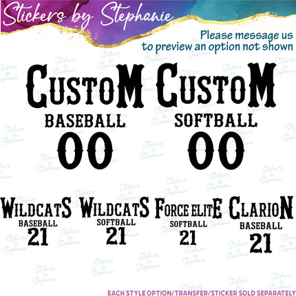 (s05-310) Baseball Softball Team Name Player Number Custom Iron-On Transfer or Sticker