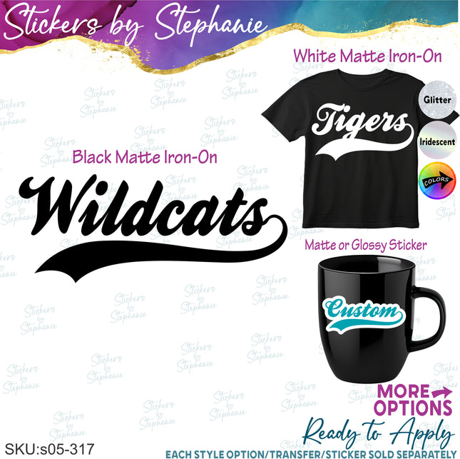 (s05-317) Team Name Baseball Athletic Tail Custom Iron-On Transfer or Sticker