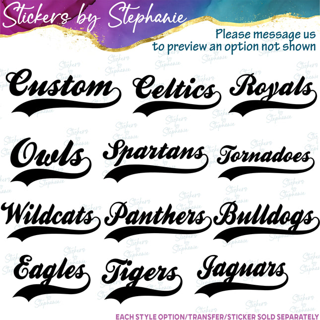 (s05-317) Team Name Baseball Athletic Tail Custom Iron-On Transfer or Sticker