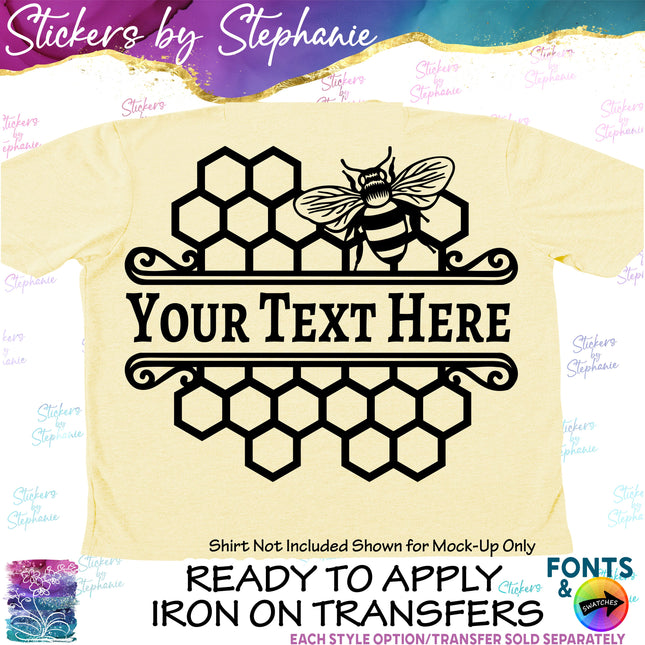 (s05-032) Bee Honeycomb Honeybee Split Name Text Custom Iron-On Transfer or Sticker