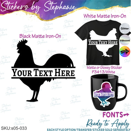 (s05-033) Chicken Hen Rooster Chick Split Name Text Custom Iron-On Transfer or Sticker