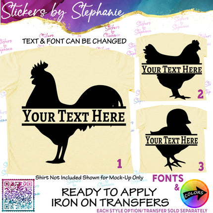 (s05-033) Chicken Hen Rooster Chick Split Name Text Custom Iron-On Transfer or Sticker