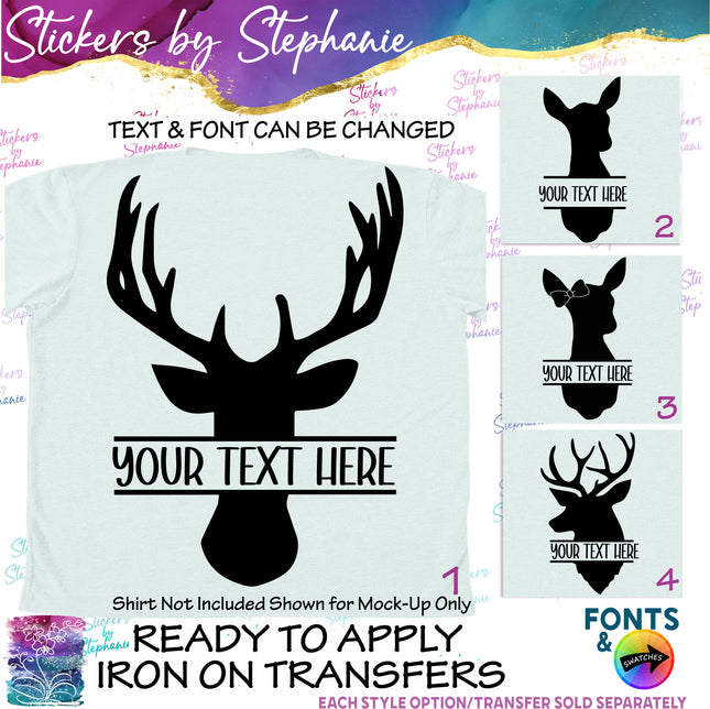 (s05-035) Deer Buck Doe Split Name Text Custom Iron-On Transfer or Sticker