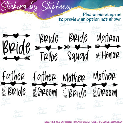 (s05-359) Heart Arrow Custom Wedding Party Iron-On Transfer or Sticker