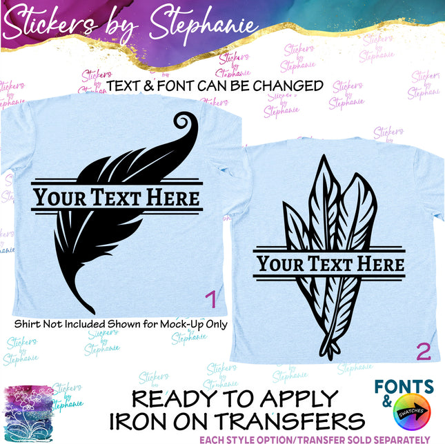 (s05-036) Bird Feather Split Name Text Custom Iron-On Transfer or Sticker