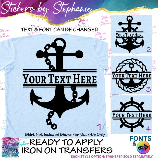(s05-038) Anchor Ships Wheel Split Name Text Custom Iron-On Transfer or Sticker