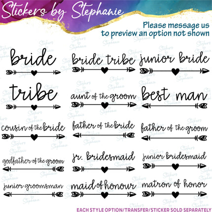 (s05-396) Heart Arrow Custom Wedding Party Iron-On Transfer or Sticker
