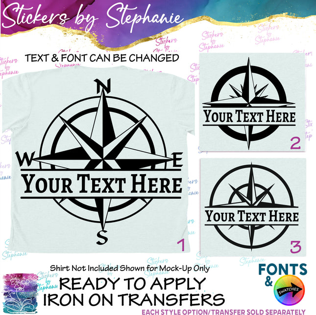 (s05-043) Compass Rose Split Name Text Custom Iron-On Transfer or Sticker