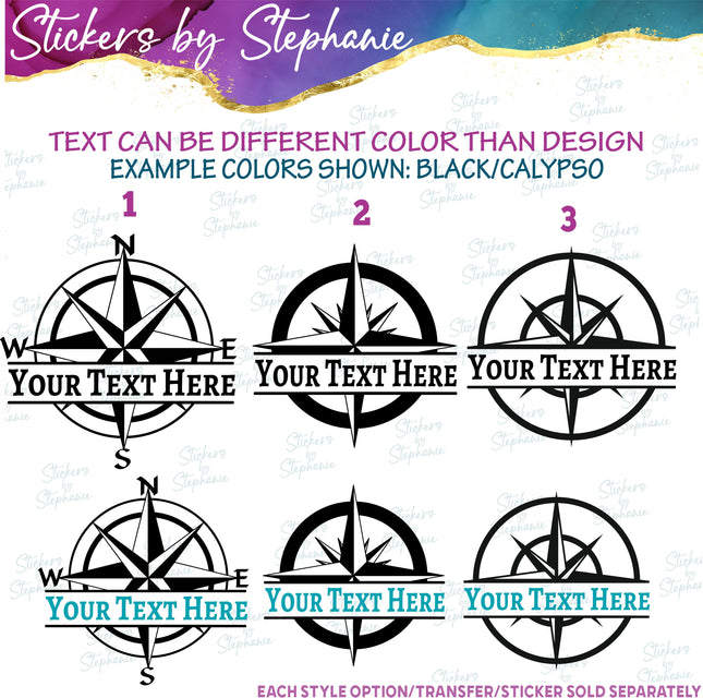 (s05-043) Compass Rose Split Name Text Custom Iron-On Transfer or Sticker