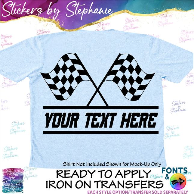 (s05-045) Race Racing Checkered Flag Split Name Text Custom Iron-On Transfer or Sticker