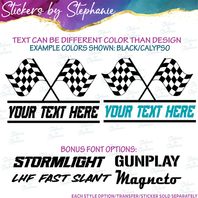 (s05-045) Race Racing Checkered Flag Split Name Text Custom Iron-On Transfer or Sticker
