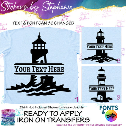 (s05-049) Lighthouse Split Name Text Custom Iron-On Transfer or Sticker