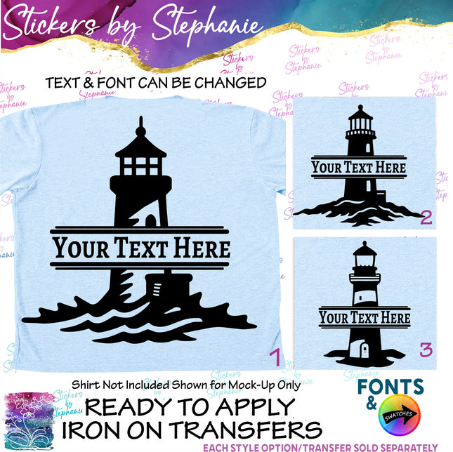 (s05-049) Lighthouse Split Name Text Custom Iron-On Transfer or Sticker