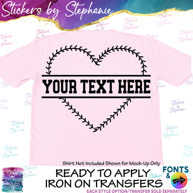 (s05-055) Baseball Softball Laces Heart Split Text Custom Iron-On Transfer or Sticker