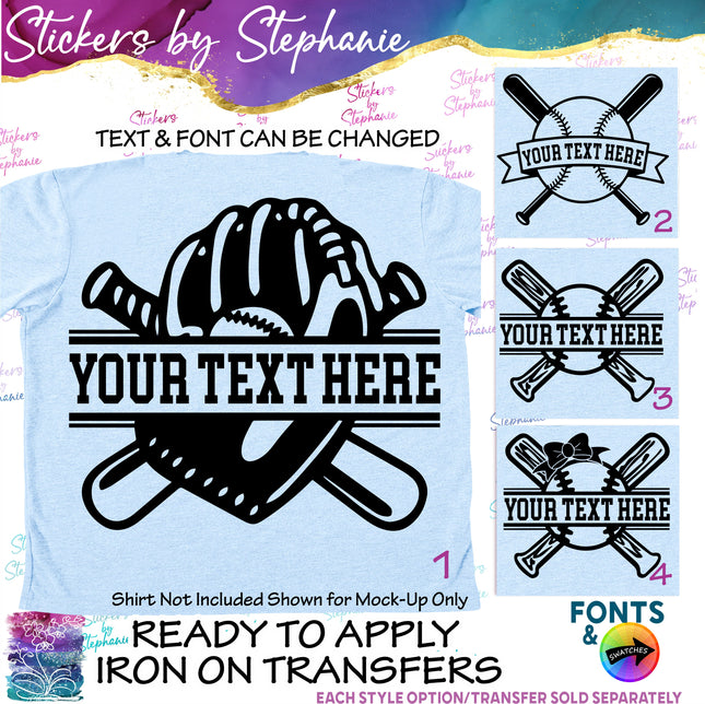 (s05-056) Baseball Softball Glove Ball Bats Split Text Custom Iron-On Transfer or Sticker