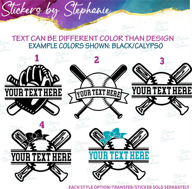 (s05-056) Baseball Softball Glove Ball Bats Split Text Custom Iron-On Transfer or Sticker