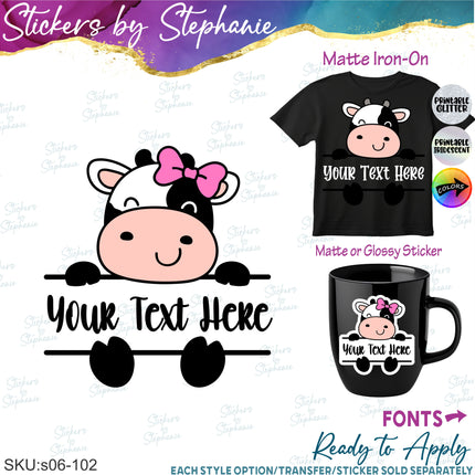 (s06-102) Boy Girl Cow Split Name Text Custom Iron-On Transfer or Sticker