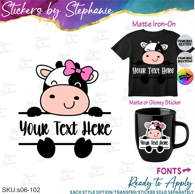 (s06-102) Boy Girl Cow Split Name Text Custom Iron-On Transfer or Sticker