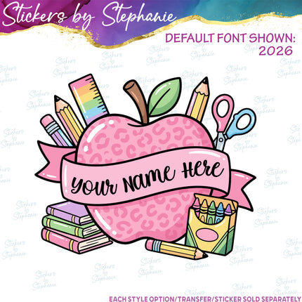 (s06-107) Pink Apple Supplies Student Teacher Name Custom Iron-On Transfer or Sticker