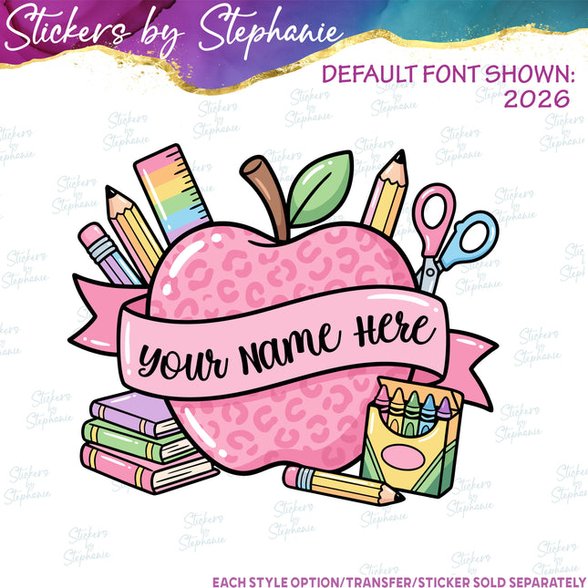 (s06-107) Pink Apple Supplies Student Teacher Name Custom Iron-On Transfer or Sticker