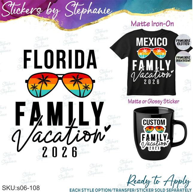(s06-108) Retro Sunglasses Family Vacation Iron-On Transfer or Sticker