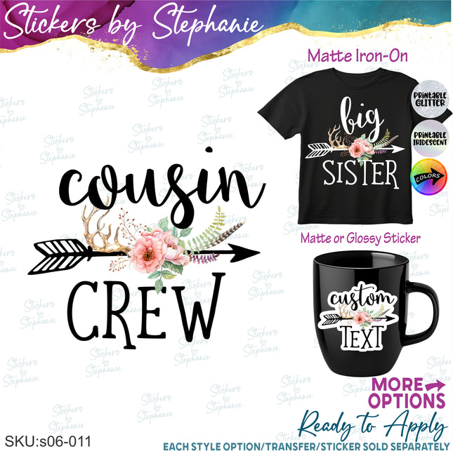 (s06-011) Floral Arrow Custom Text Iron-On Transfer or Sticker