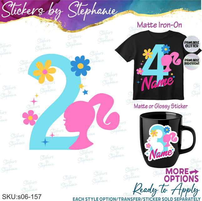 (s06-157) Age Number Birthday Barbie Head Flowers Name Iron-On Transfer or Sticker