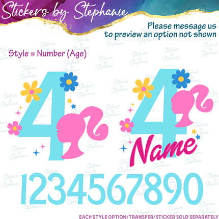 (s06-157) Age Number Birthday Barbie Head Flowers Name Iron-On Transfer or Sticker