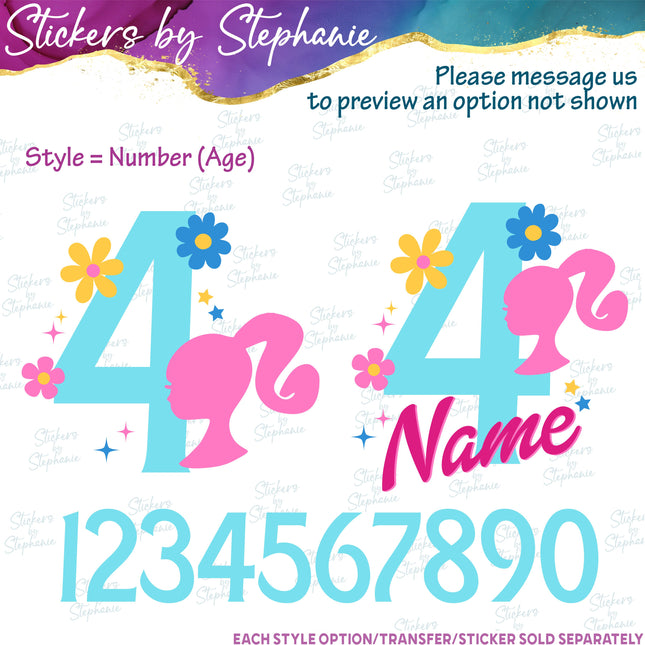 (s06-157) Age Number Birthday Barbie Head Flowers Name Iron-On Transfer or Sticker