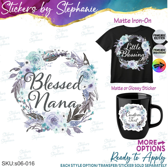 (s06-016) Lavender Floral Wreath Custom Text Iron-On Transfer or Sticker