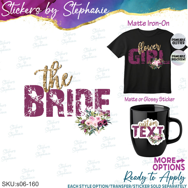 (s06-160) Bridal Wedding Party Burgundy Rose Flower Custom Text Iron-On Transfer or Sticker