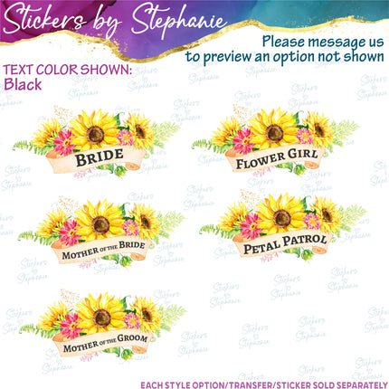(s06-166) Bridal Wedding Party Sunflower Wreath Custom Text Iron-On Transfer or Sticker