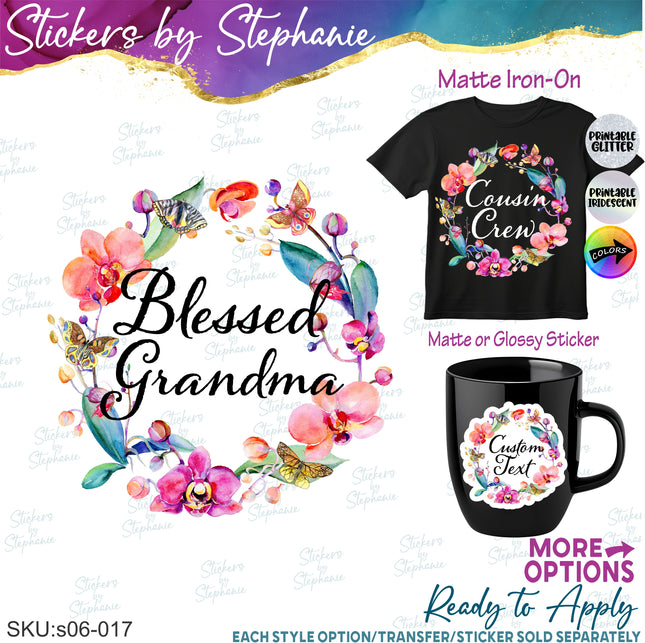(s06-017) Orchid Floral Wreath Custom Text Iron-On Transfer or Sticker