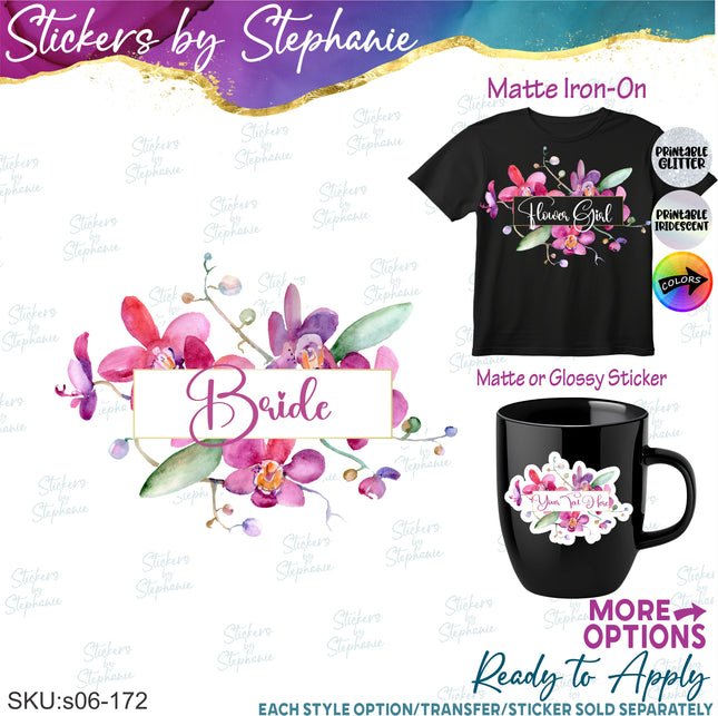 (s06-172) Bridal Wedding Party Orchid Flower Wreath Custom Text Iron-On Transfer or Sticker