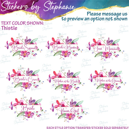 (s06-172) Bridal Wedding Party Orchid Flower Wreath Custom Text Iron-On Transfer or Sticker