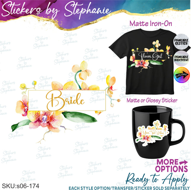 (s06-174) Bridal Wedding Party Orchid Flower Wreath Custom Text Iron-On Transfer or Sticker