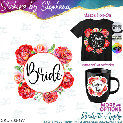 (s06-178) Bridal Wedding Party Rose Wreath Custom Text Iron-On Transfer or Sticker