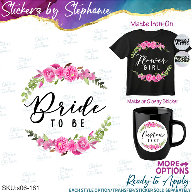 (s06-181) Bridal Wedding Party Rose Dahlia Flower Wreath Custom Text Iron-On Transfer or Sticker