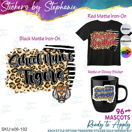 (s06-192) Mascot School Name Team Text Custom Iron-On Transfer or Sticker