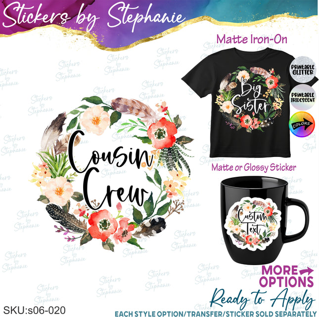 (s06-020) Poppy Flower Feather Wreath Custom Text Iron-On Transfer or Sticker