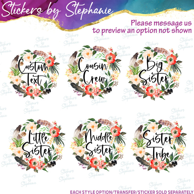 (s06-020) Poppy Flower Feather Wreath Custom Text Iron-On Transfer or Sticker