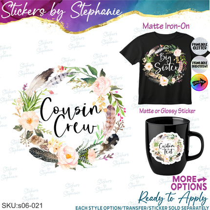 (s06-021) Flowers Floral Wreath Feathers Custom Text Iron-On Transfer or Sticker