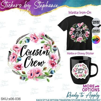 (s06-036) Pink Poppies Floral Wreath Custom Text Iron-On Transfer or Sticker