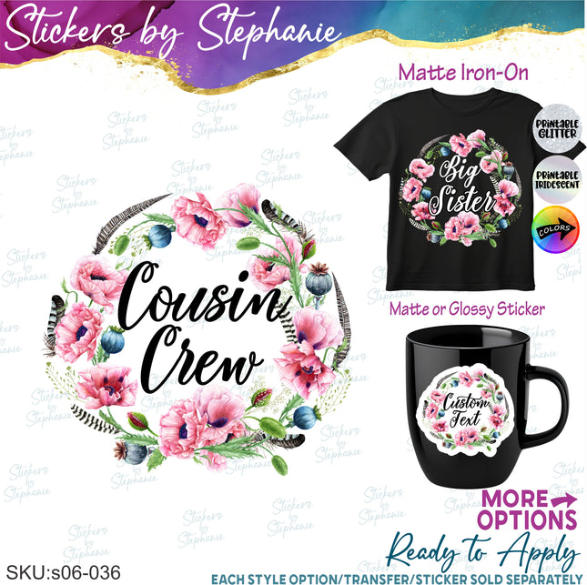 (s06-036) Pink Poppies Floral Wreath Custom Text Iron-On Transfer or Sticker