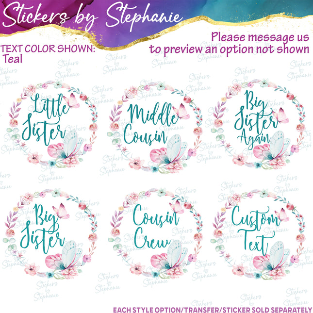 (s06-039) Pastel Floral Wreath Butterflies Custom Text Iron-On Transfer or Sticker
