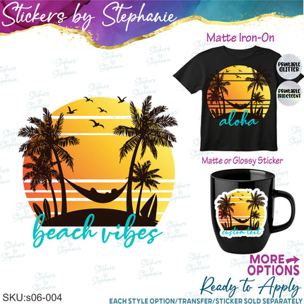 (s06-004) Palm Tree Beach Sunset Custom Iron-On Transfer or Sticker