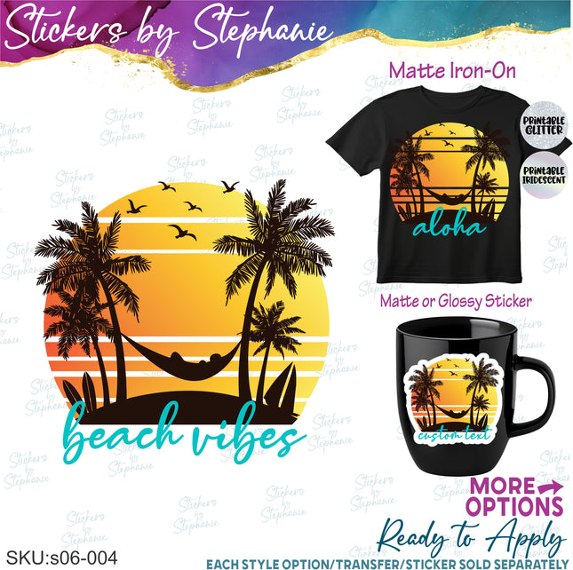 (s06-004) Palm Tree Beach Sunset Custom Iron-On Transfer or Sticker