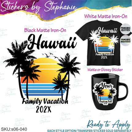 (s06-040) Palm Tree Sunset Custom Text Iron-On Transfer or Sticker