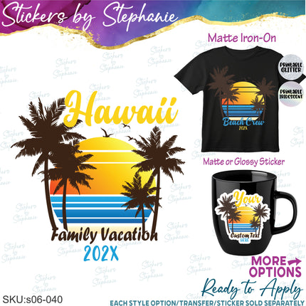 (s06-040) Palm Tree Sunset Custom Text Iron-On Transfer or Sticker